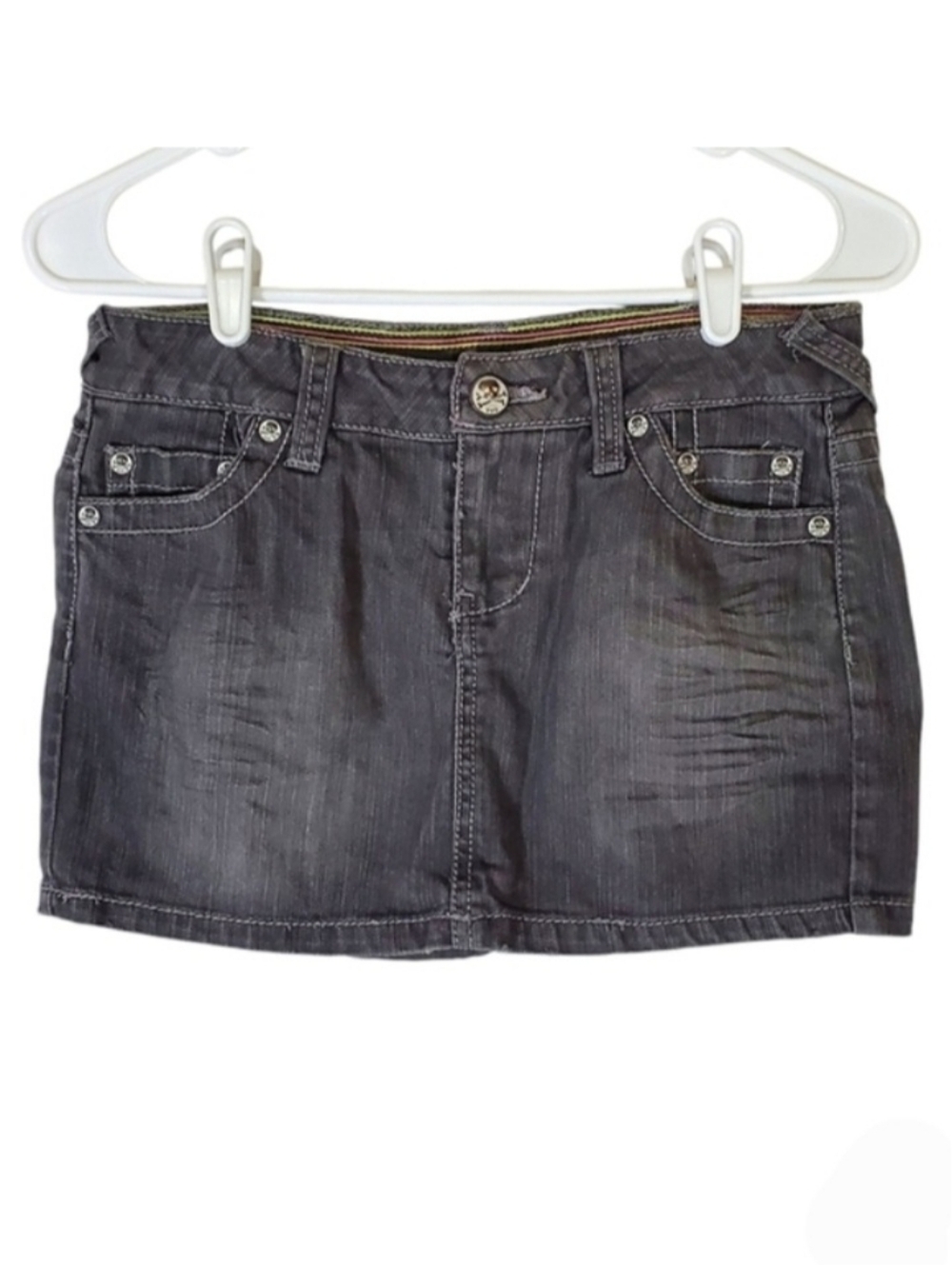 2236 * YNQ Denim Mini Skirt Skull Buttons Rivets Black Gray Size 5